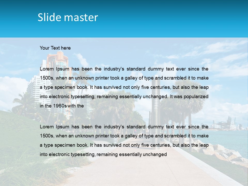 A Walkway With Palm Trees And A Body Of Water In The Background PowerPoint Template