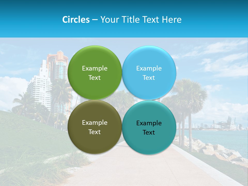 A Walkway With Palm Trees And A Body Of Water In The Background PowerPoint Template