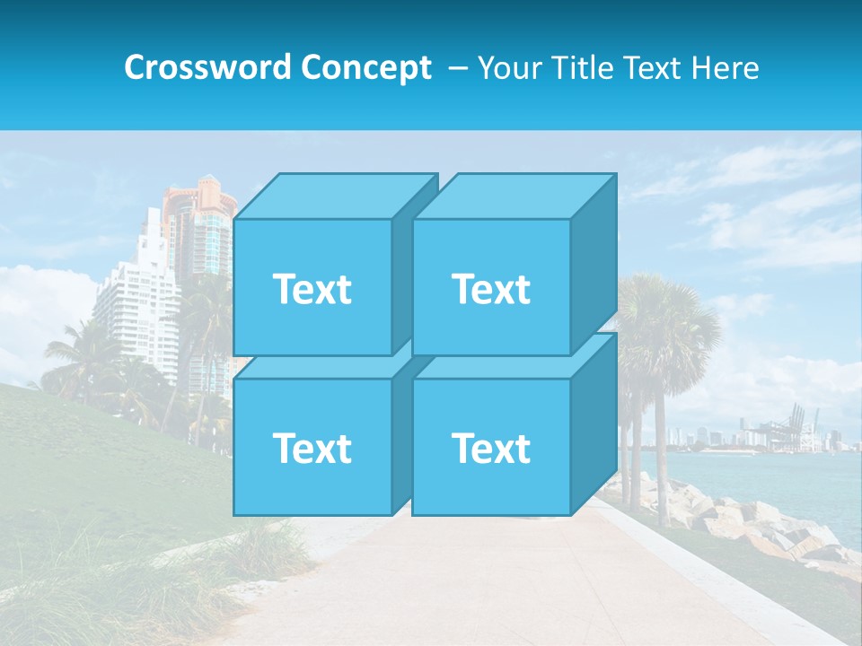 A Walkway With Palm Trees And A Body Of Water In The Background PowerPoint Template