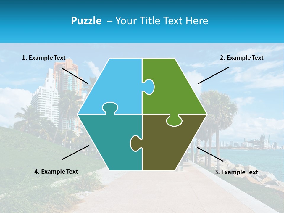 A Walkway With Palm Trees And A Body Of Water In The Background PowerPoint Template