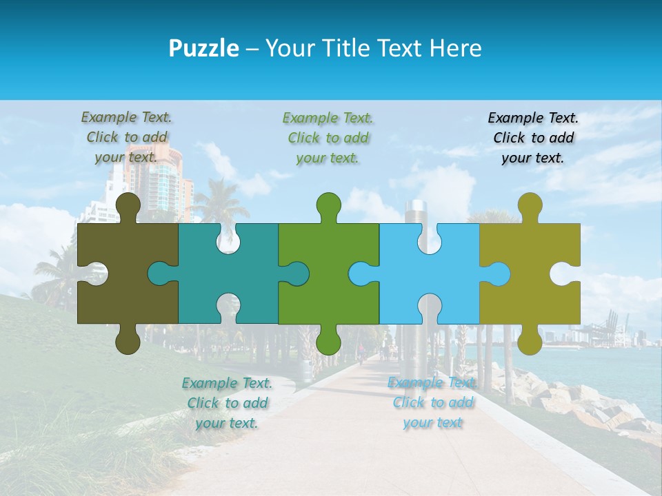 A Walkway With Palm Trees And A Body Of Water In The Background PowerPoint Template