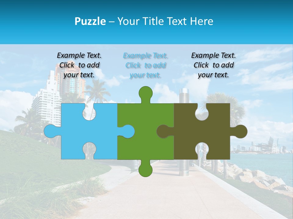 A Walkway With Palm Trees And A Body Of Water In The Background PowerPoint Template