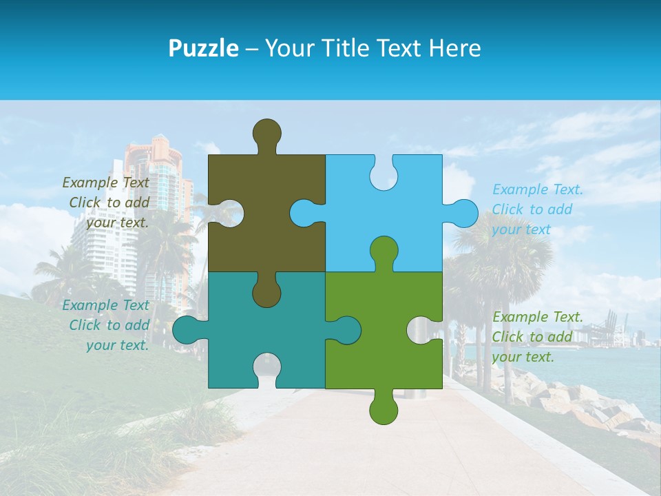 A Walkway With Palm Trees And A Body Of Water In The Background PowerPoint Template