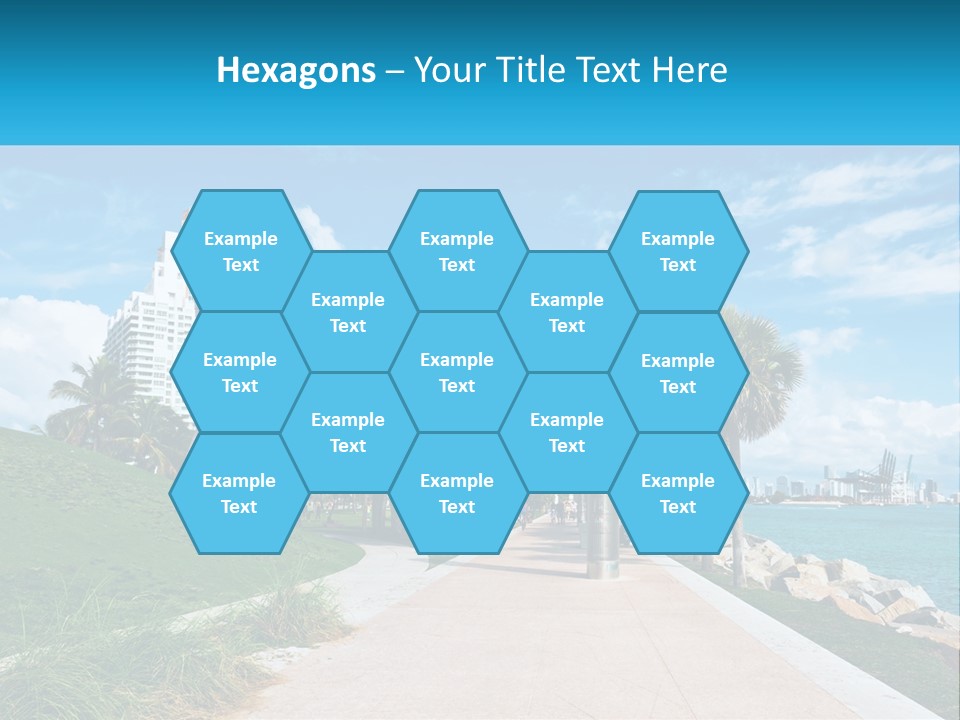 A Walkway With Palm Trees And A Body Of Water In The Background PowerPoint Template