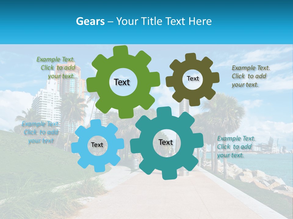 A Walkway With Palm Trees And A Body Of Water In The Background PowerPoint Template