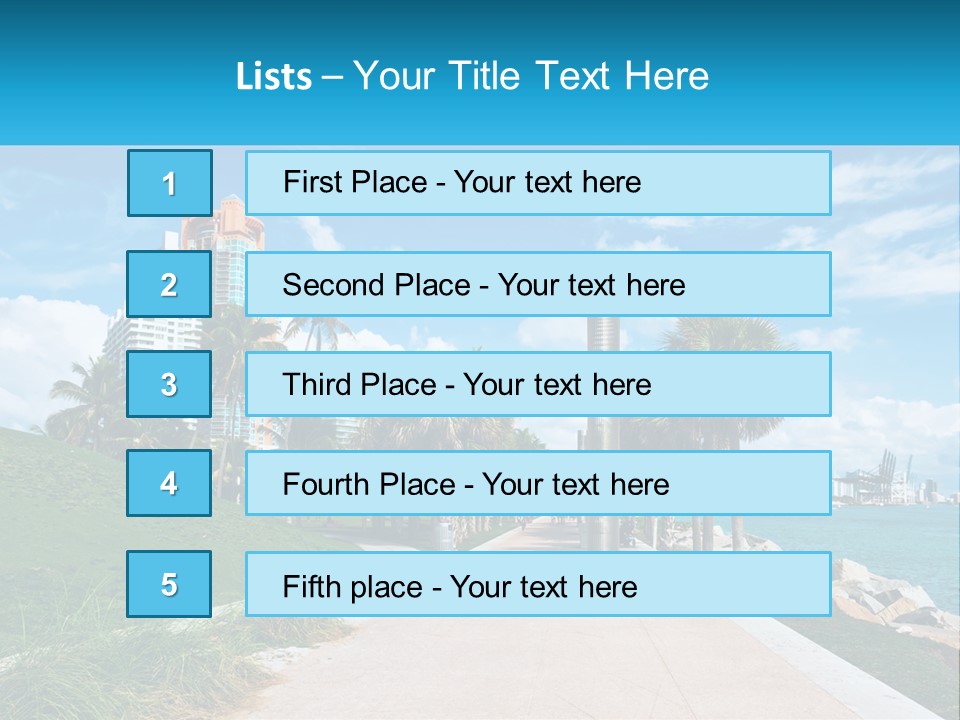 A Walkway With Palm Trees And A Body Of Water In The Background PowerPoint Template