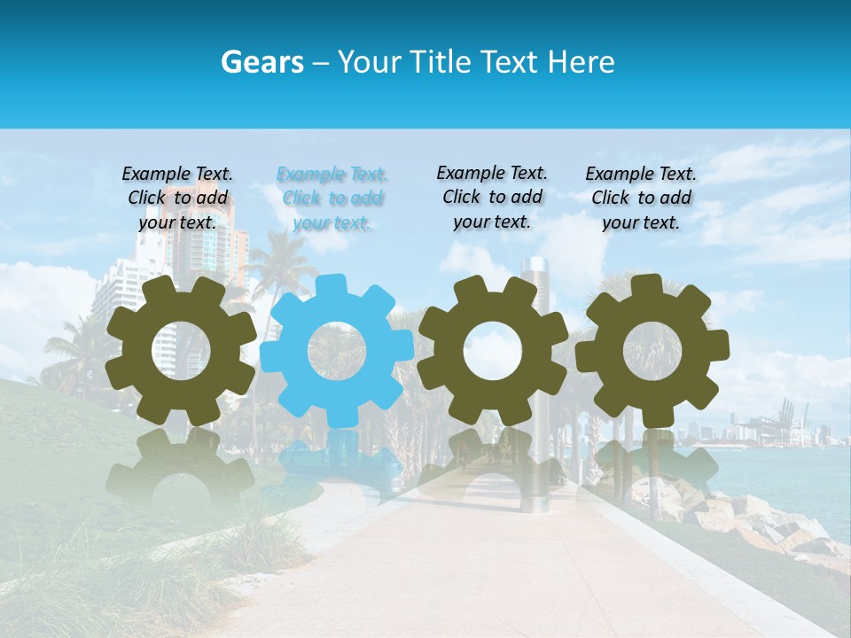 A Walkway With Palm Trees And A Body Of Water In The Background PowerPoint Template