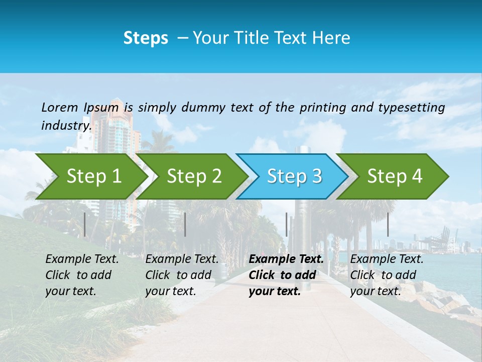 A Walkway With Palm Trees And A Body Of Water In The Background PowerPoint Template