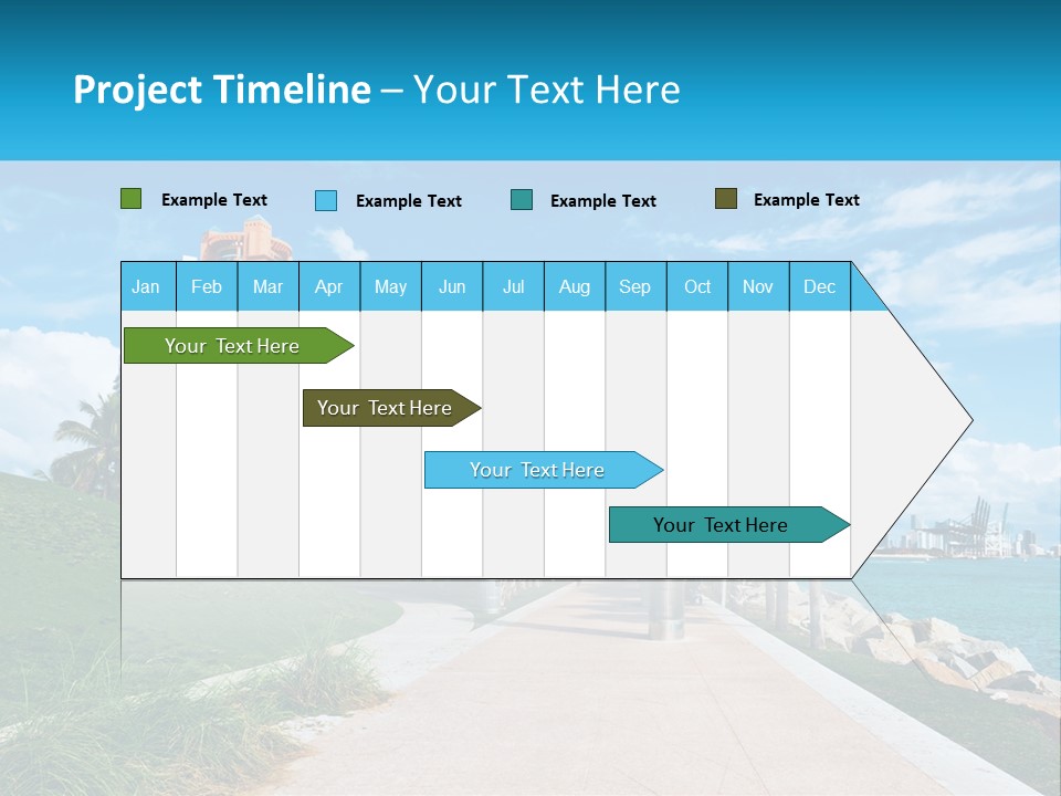 A Walkway With Palm Trees And A Body Of Water In The Background PowerPoint Template
