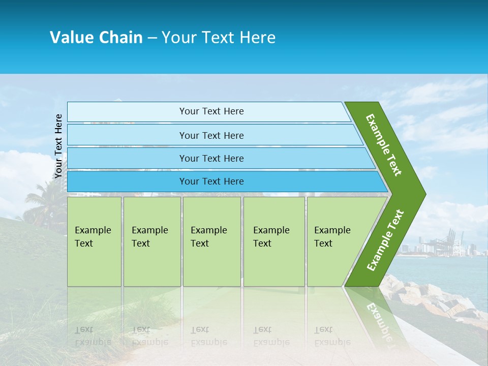 A Walkway With Palm Trees And A Body Of Water In The Background PowerPoint Template