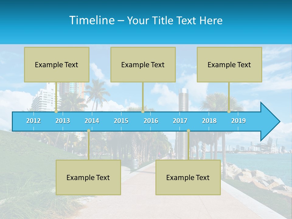 A Walkway With Palm Trees And A Body Of Water In The Background PowerPoint Template