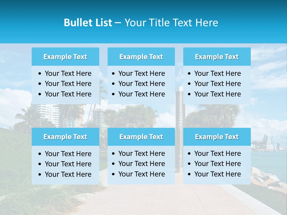 A Walkway With Palm Trees And A Body Of Water In The Background PowerPoint Template