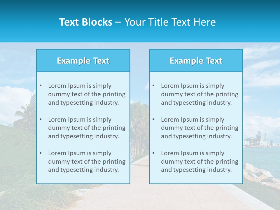 A Walkway With Palm Trees And A Body Of Water In The Background PowerPoint Template