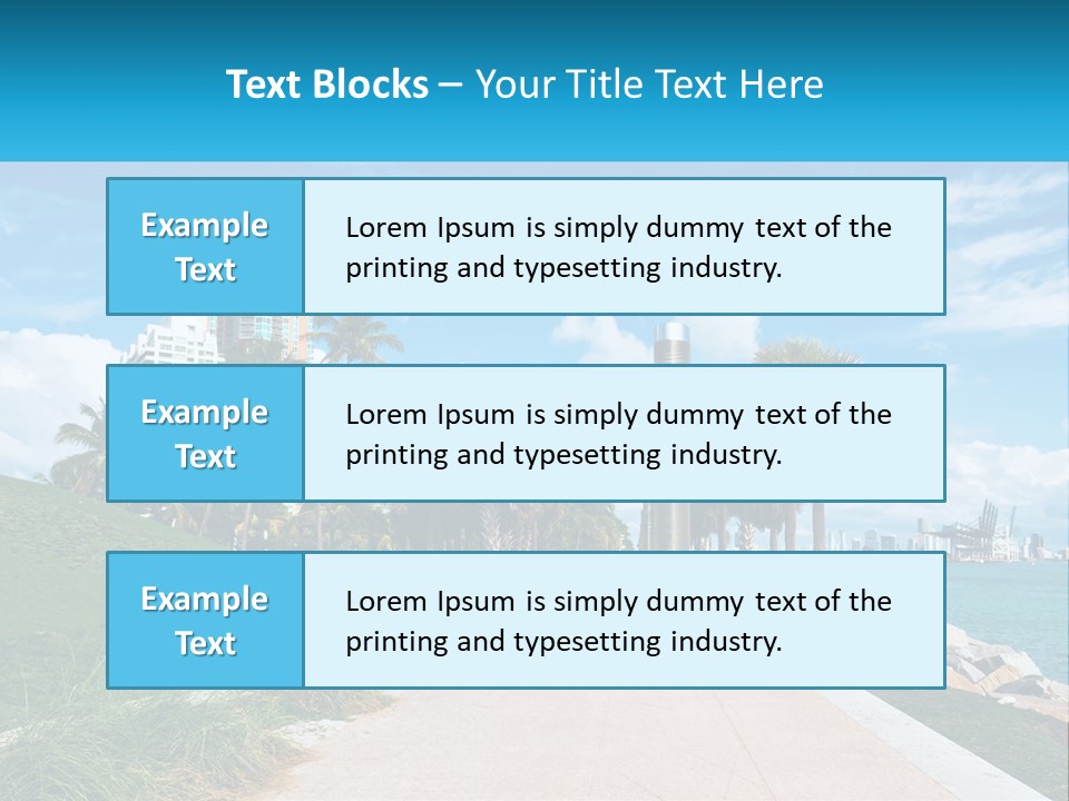 A Walkway With Palm Trees And A Body Of Water In The Background PowerPoint Template