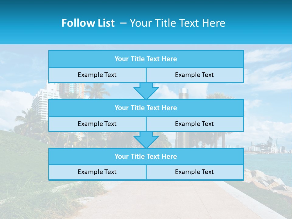 A Walkway With Palm Trees And A Body Of Water In The Background PowerPoint Template