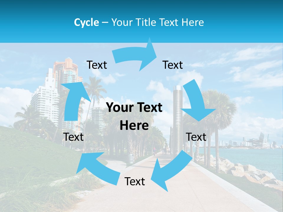 A Walkway With Palm Trees And A Body Of Water In The Background PowerPoint Template