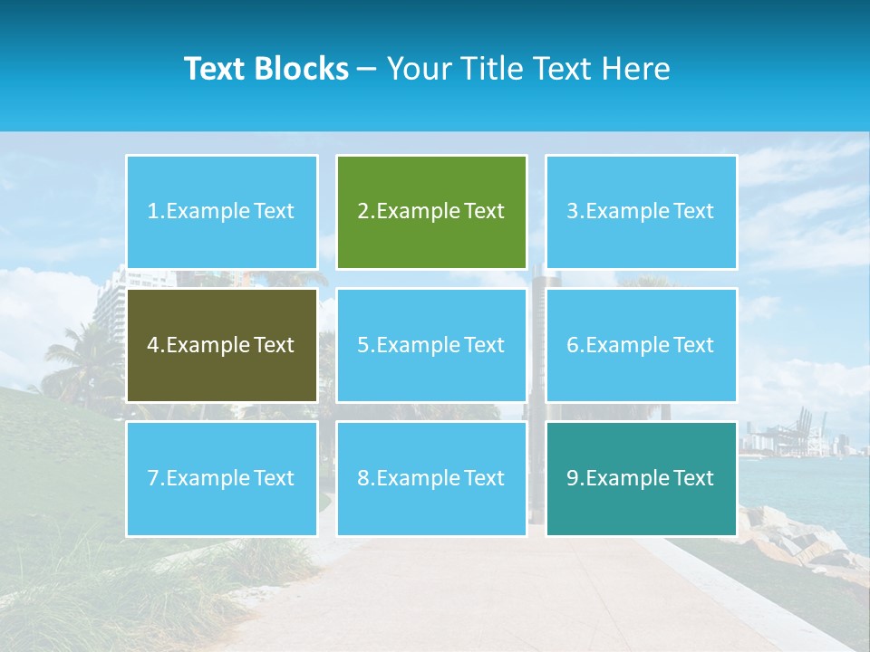 A Walkway With Palm Trees And A Body Of Water In The Background PowerPoint Template