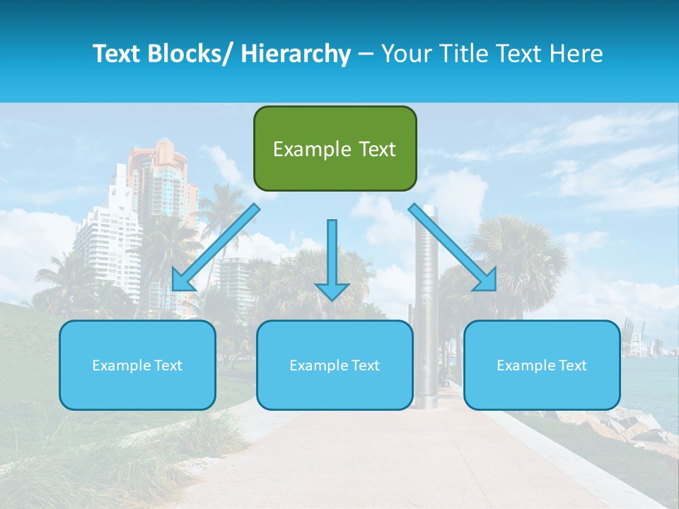 A Walkway With Palm Trees And A Body Of Water In The Background PowerPoint Template