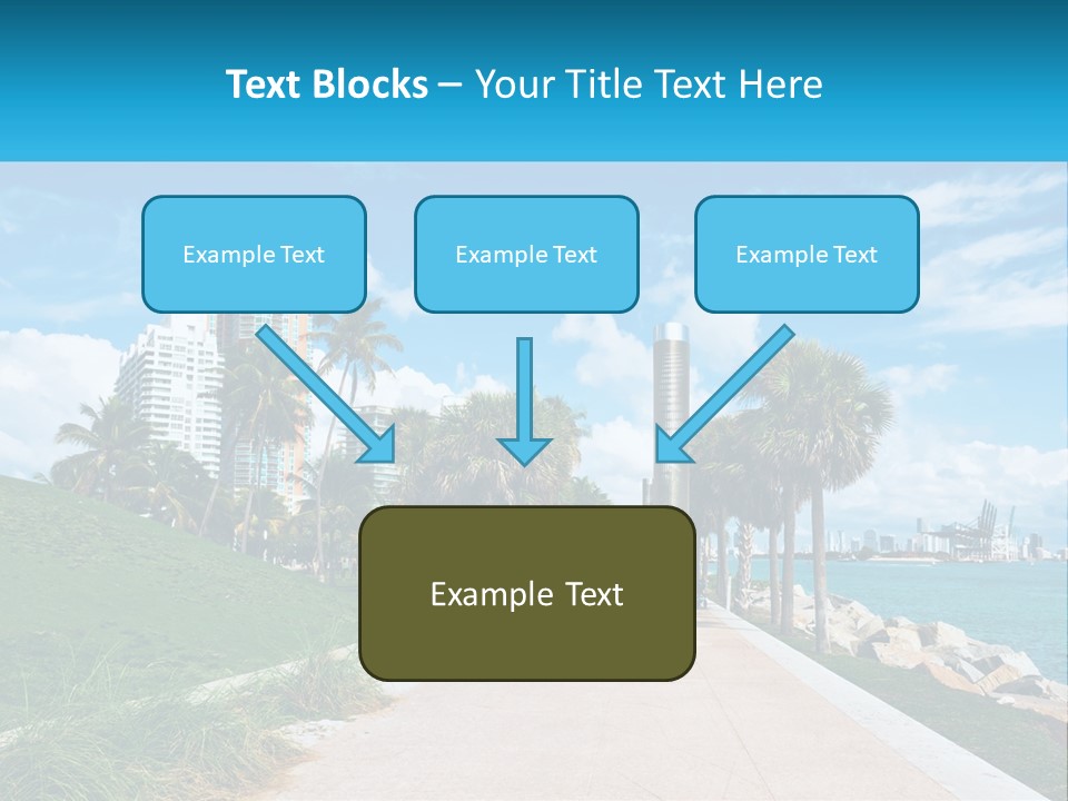 A Walkway With Palm Trees And A Body Of Water In The Background PowerPoint Template