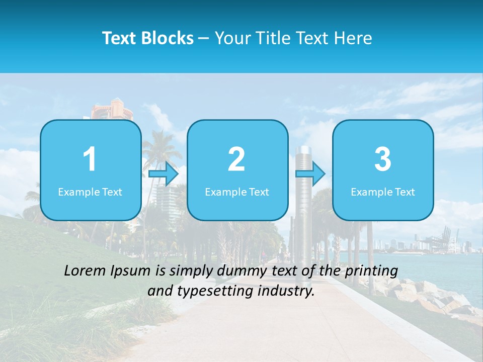 A Walkway With Palm Trees And A Body Of Water In The Background PowerPoint Template