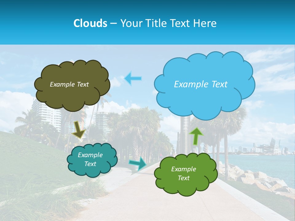 A Walkway With Palm Trees And A Body Of Water In The Background PowerPoint Template