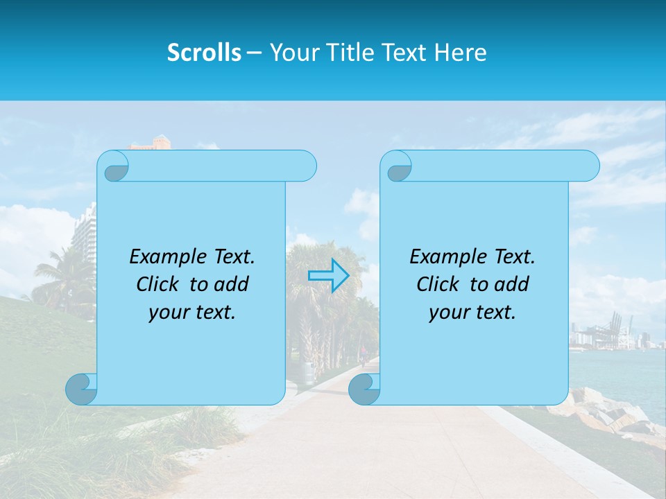 A Walkway With Palm Trees And A Body Of Water In The Background PowerPoint Template