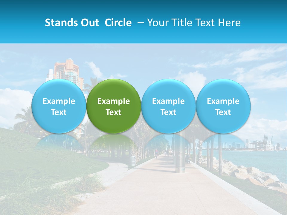 A Walkway With Palm Trees And A Body Of Water In The Background PowerPoint Template