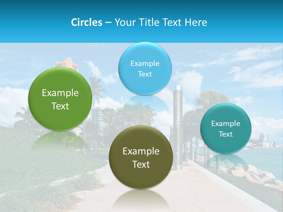 A Walkway With Palm Trees And A Body Of Water In The Background PowerPoint Template