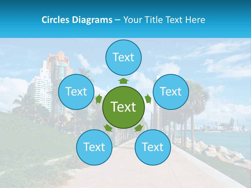 A Walkway With Palm Trees And A Body Of Water In The Background PowerPoint Template