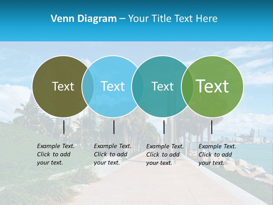 A Walkway With Palm Trees And A Body Of Water In The Background PowerPoint Template
