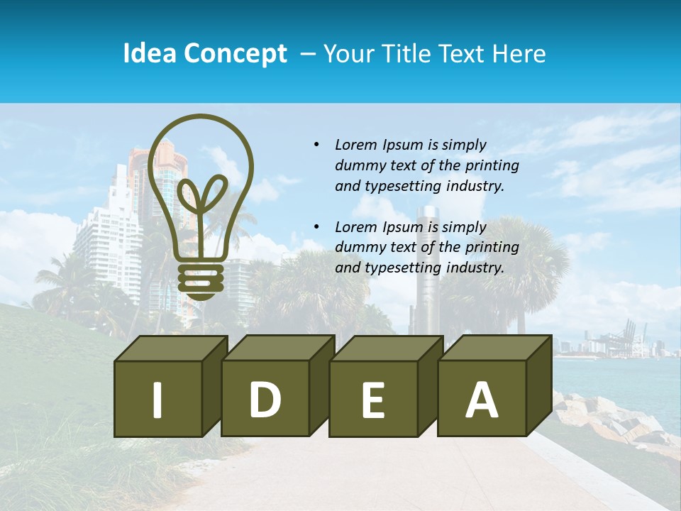 A Walkway With Palm Trees And A Body Of Water In The Background PowerPoint Template