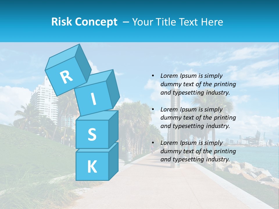 A Walkway With Palm Trees And A Body Of Water In The Background PowerPoint Template