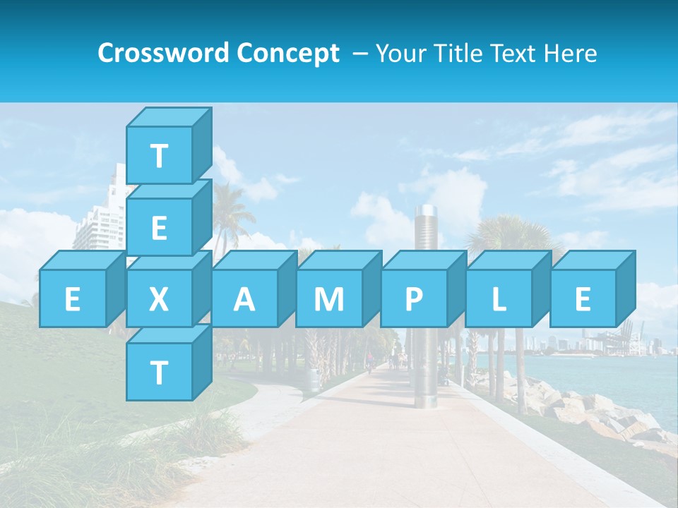 A Walkway With Palm Trees And A Body Of Water In The Background PowerPoint Template