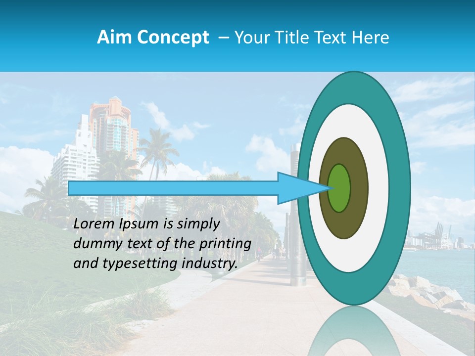 A Walkway With Palm Trees And A Body Of Water In The Background PowerPoint Template