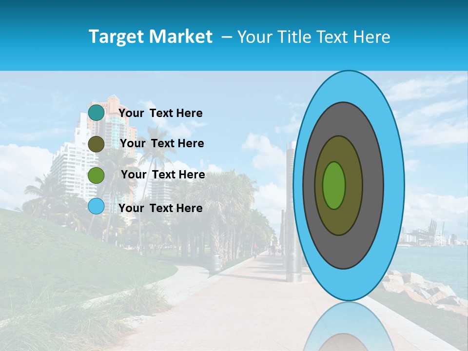 A Walkway With Palm Trees And A Body Of Water In The Background PowerPoint Template