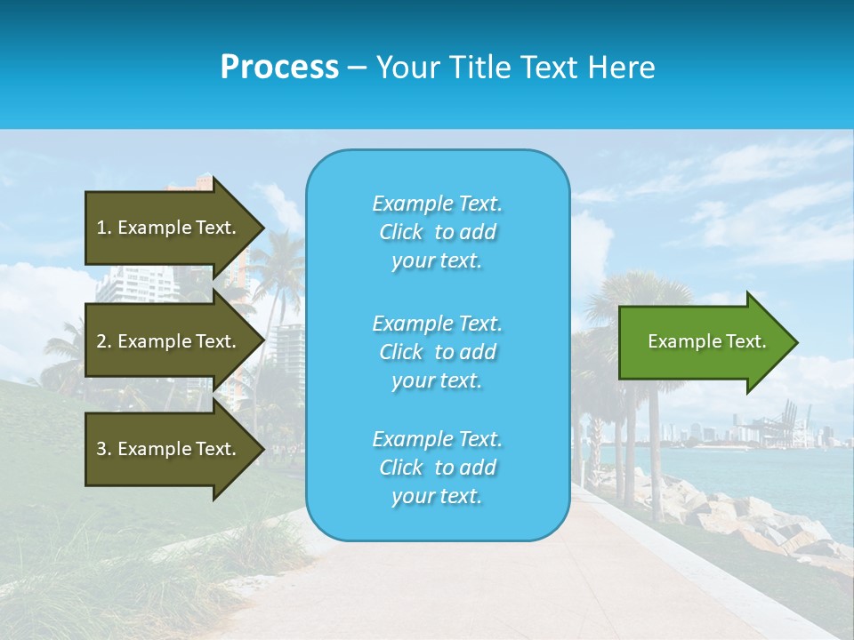 A Walkway With Palm Trees And A Body Of Water In The Background PowerPoint Template