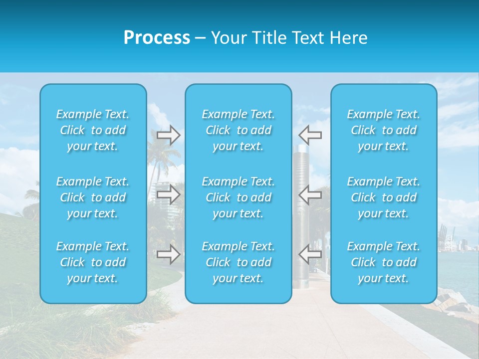 A Walkway With Palm Trees And A Body Of Water In The Background PowerPoint Template