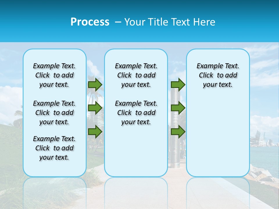 A Walkway With Palm Trees And A Body Of Water In The Background PowerPoint Template