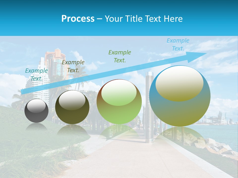 A Walkway With Palm Trees And A Body Of Water In The Background PowerPoint Template