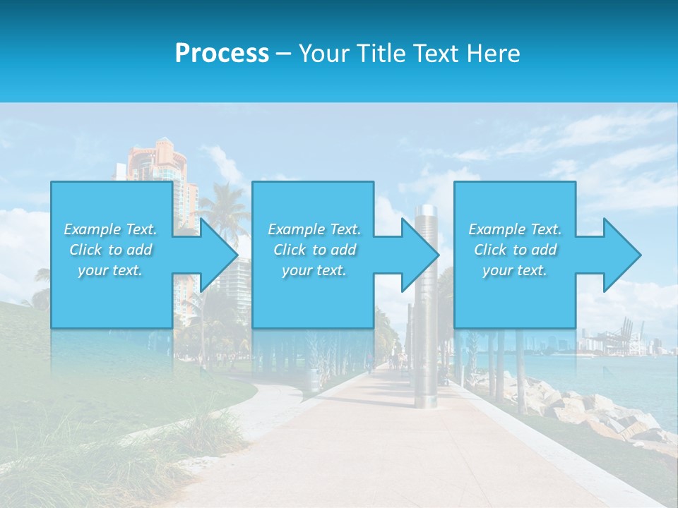 A Walkway With Palm Trees And A Body Of Water In The Background PowerPoint Template