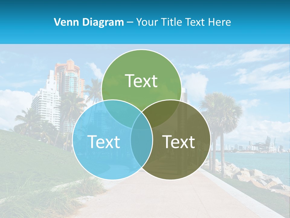 A Walkway With Palm Trees And A Body Of Water In The Background PowerPoint Template