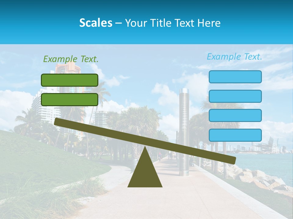 A Walkway With Palm Trees And A Body Of Water In The Background PowerPoint Template