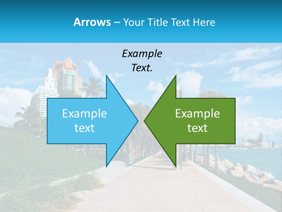 A Walkway With Palm Trees And A Body Of Water In The Background PowerPoint Template