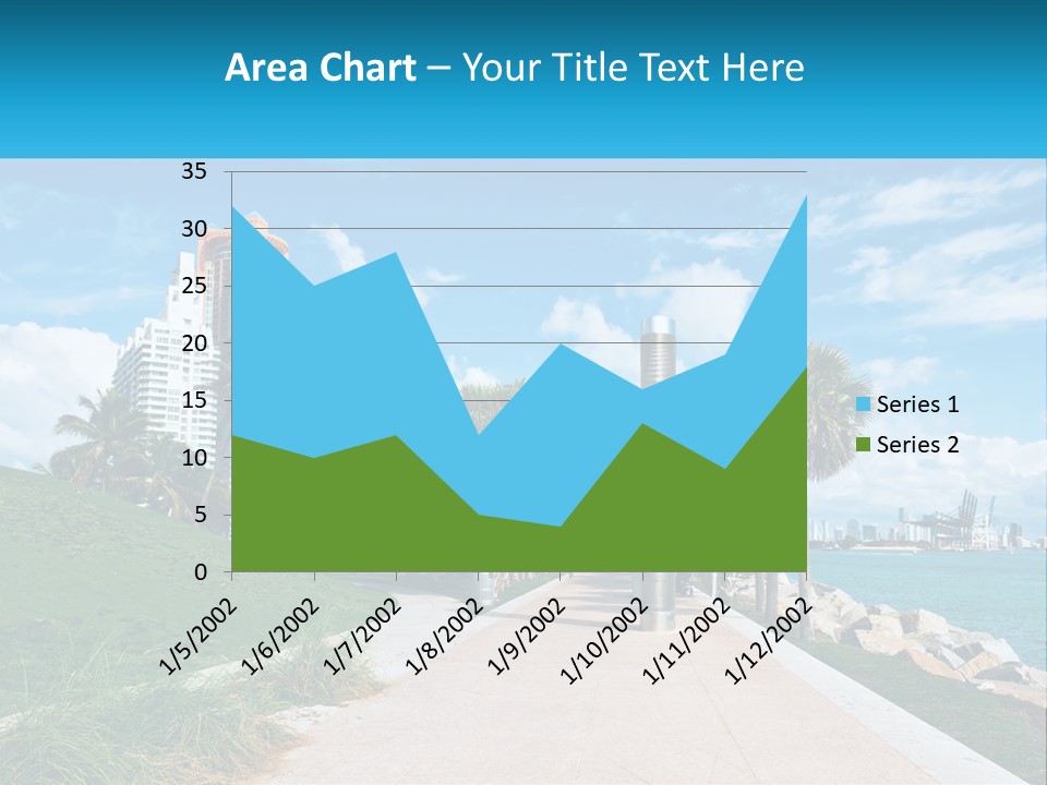 A Walkway With Palm Trees And A Body Of Water In The Background PowerPoint Template
