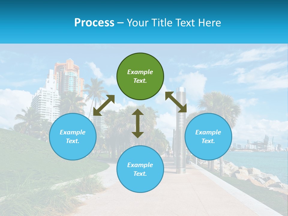 A Walkway With Palm Trees And A Body Of Water In The Background PowerPoint Template