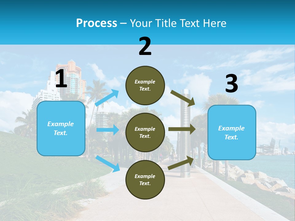 A Walkway With Palm Trees And A Body Of Water In The Background PowerPoint Template