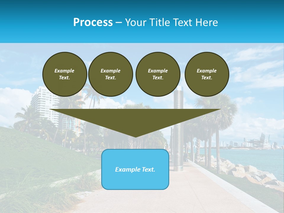 A Walkway With Palm Trees And A Body Of Water In The Background PowerPoint Template