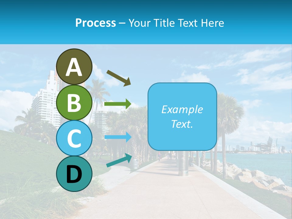 A Walkway With Palm Trees And A Body Of Water In The Background PowerPoint Template