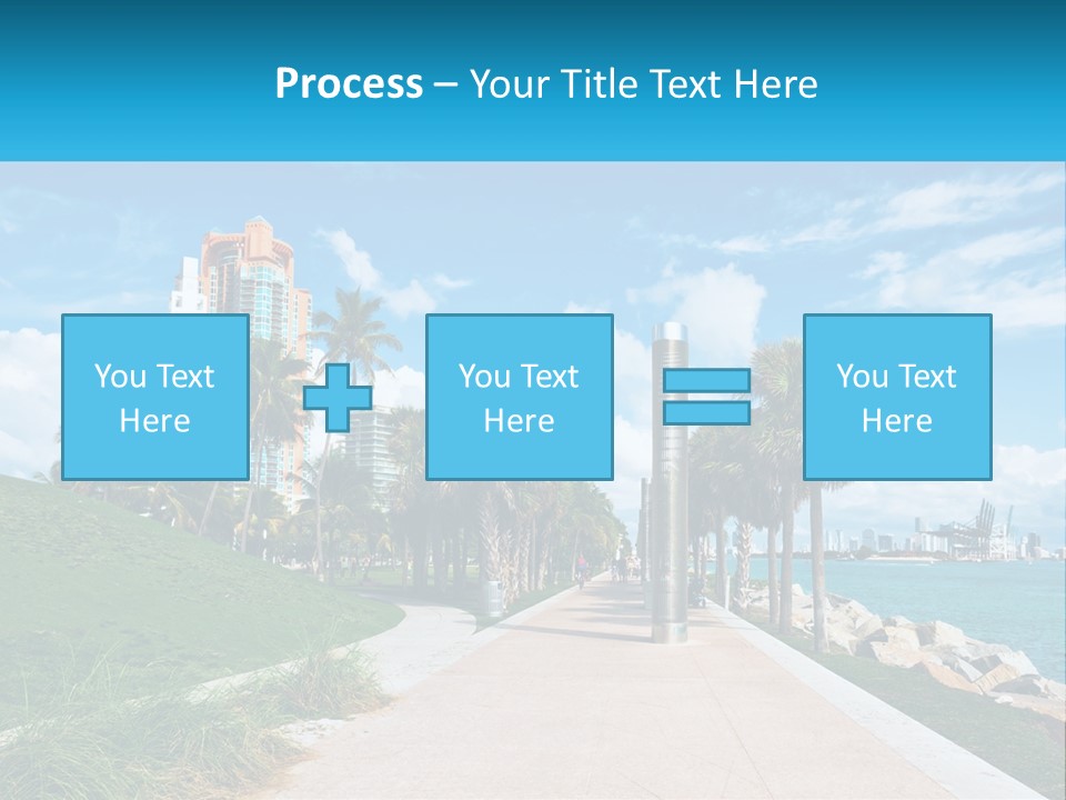 A Walkway With Palm Trees And A Body Of Water In The Background PowerPoint Template