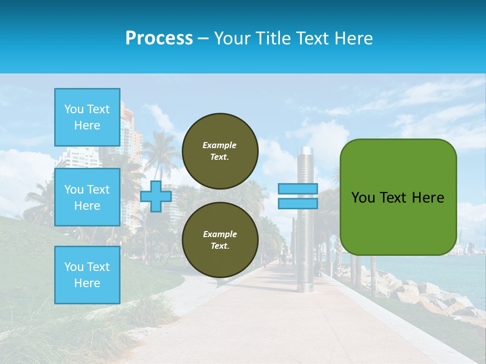 A Walkway With Palm Trees And A Body Of Water In The Background PowerPoint Template
